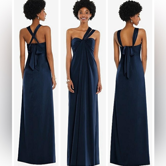 Dessy Draped Satin Grecian Column Gown Midnight Navy size 2 Bridesmaid Formal - Picture 3 of 13